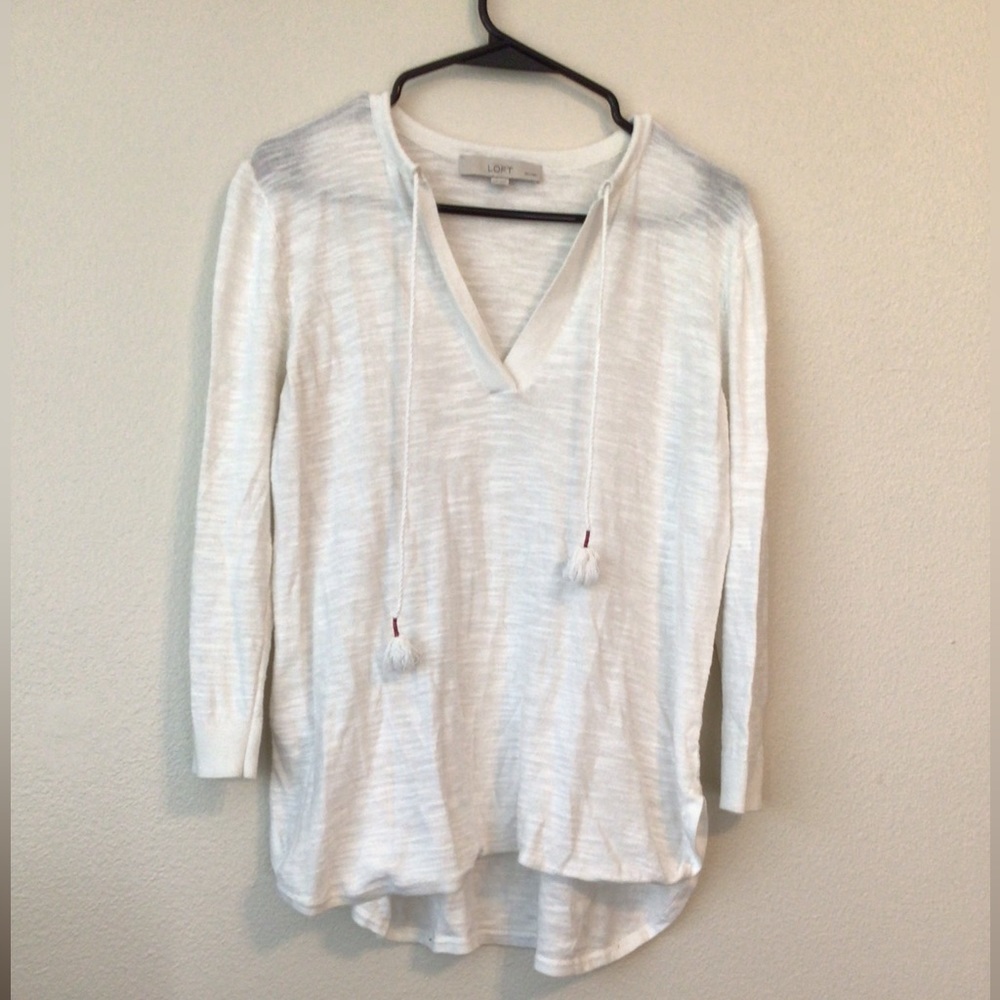 LOFT Tassle White 3/4 Length Sleeve Blouse
